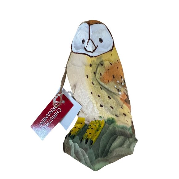 Hand-Carved Wooden Owl Christmas Ornament 4 1/4" High - Picture 1 of 8